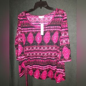 Pinkish NWT 3/4 Sleeve Adjustable Tie On The Side, 2X, Geometric Multicolored